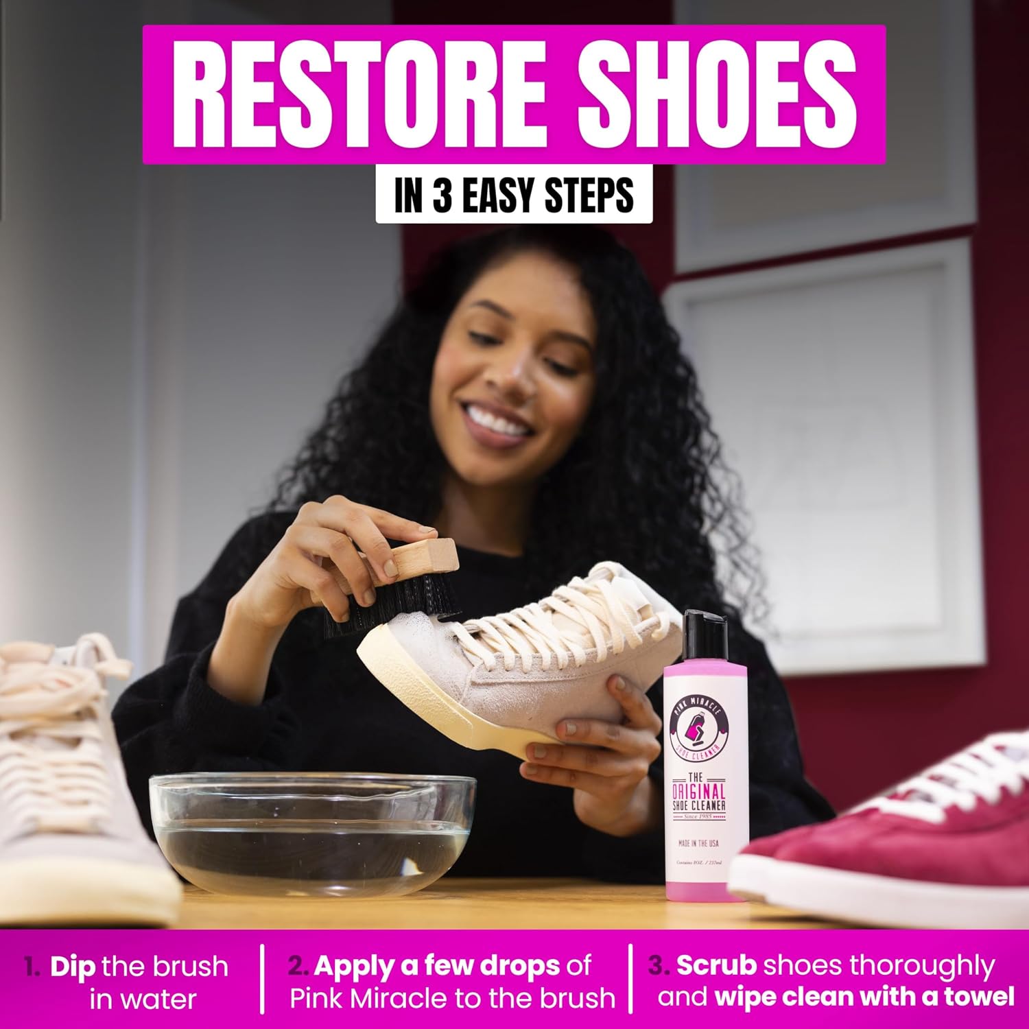 Pink Miracle Shoe Cleaner Kit with Bottle and Brush For Fabric Cleaner For Leather, Whites, Suede and Nubuck Sneakers - Image 5