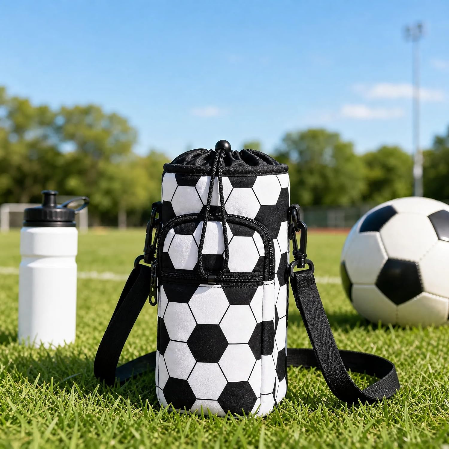 Crossbody Water Bottle Holder with Strap, Phone Pocket(SOCCER, 32, Ounces) | Insulated Neoprene, Sweat Proof Exterior, Dual Carry Options, Built-In Storage Slot, For Walking, Hiking, Camping And Gym - Image 6