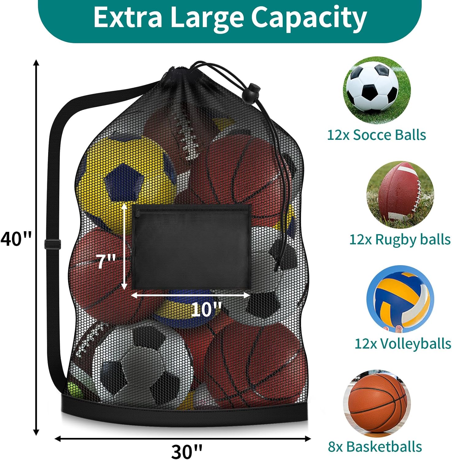 Extra Large Soccer Ball Bag, 40"x30" Drawstring Heavy Duty Mesh Net | Hold 10-12 Basketball Volleyball, Adjustable Strap and Pocket, Sport Sack for Coaches, Teams, Gym Equipment, Swimming Gear - Image 2