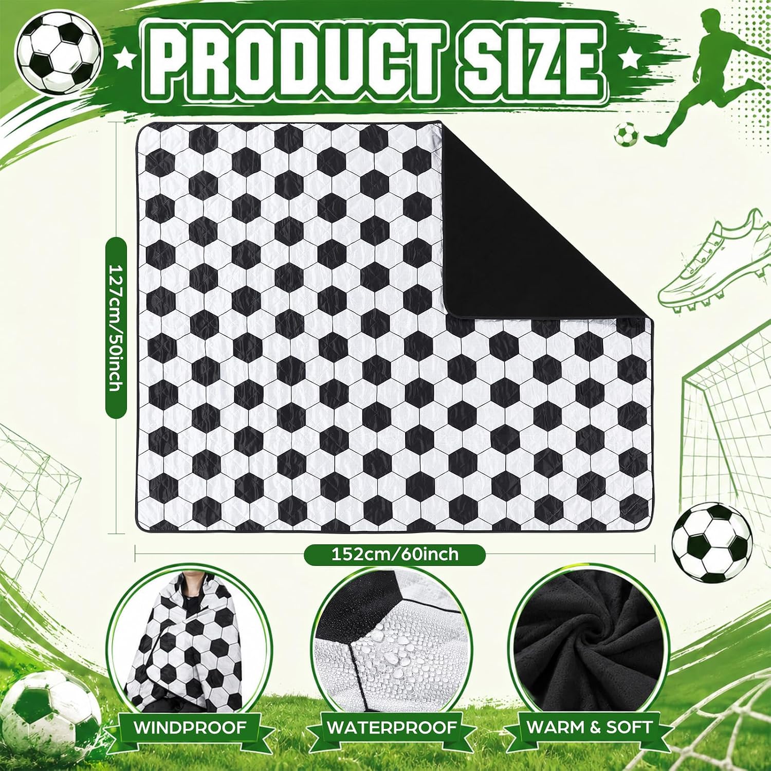 Outdoor Waterproof Stadium Blanket, 50'' x 60'' Soccer Pattern Fleece Blanket with Portable Bag for Camping Picnics Sporting Events, Gifts for Baseball Lovers, Sports Mom Must Haves - Image 2