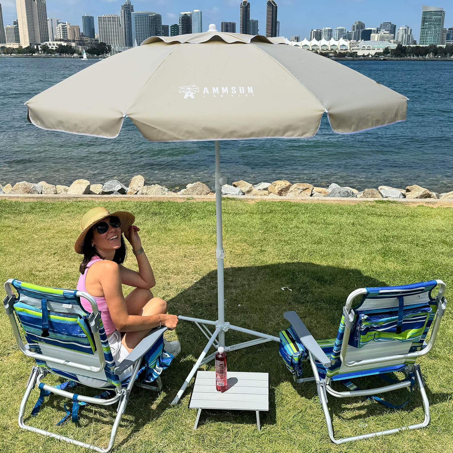 AMMSUN Shade Umbrella, Premium Portable Umbrella with Stand, 6.5ft Lightweight Free Standing Canopy for Sporting Games, Adjustable Instant Sun Protection and Easy to Carry, Beige - Image 2
