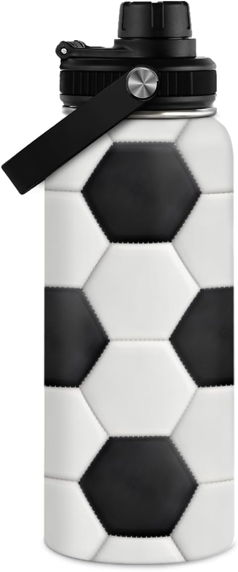 SANDJEST Soccer Water Bottle with Lid - 32oz Insulated Stainless Steel Sport Bottles - Men Soccer Player Fan Coach