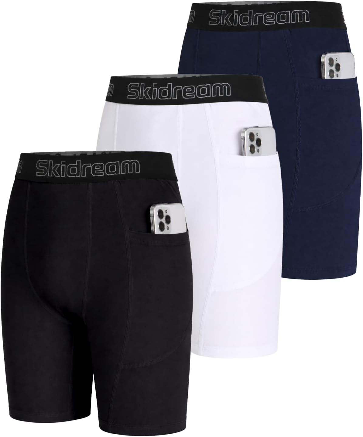 3 Pack Boys' Compression Shorts with Pockets, Youth Athletic Base Layer | Moisture Wicking Fabric, Machine Wash, 4-Way Stretch Support, Chafe-Free Comfort, Football, Baseball, Basketball & Training