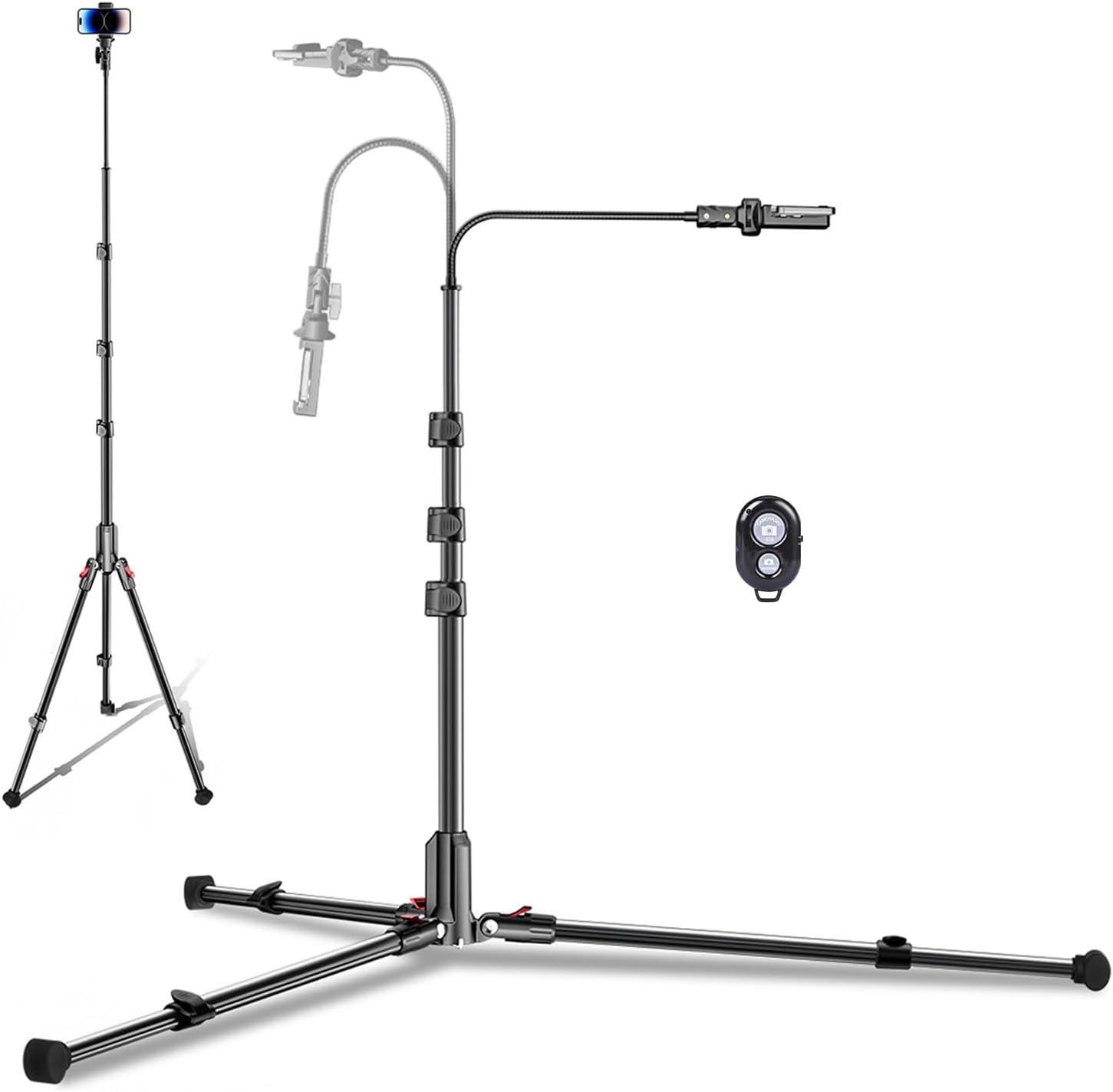 CAMBOFOTO 84" Phone Tripod, Tall Tripod for iPhone with Gooseneck & Remote | iPhone Tripod for Travel/Recording/Cooking/Fitness/Vlog/Overhead Shot, with Extendable Base & Adjustable Head