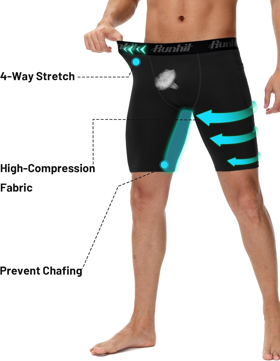 Runhit 2 Pack Mens Compression Shorts with Pockets 9" Performance Spandex Underwear Sport Athletic Workout Running Base Layer - Image 4
