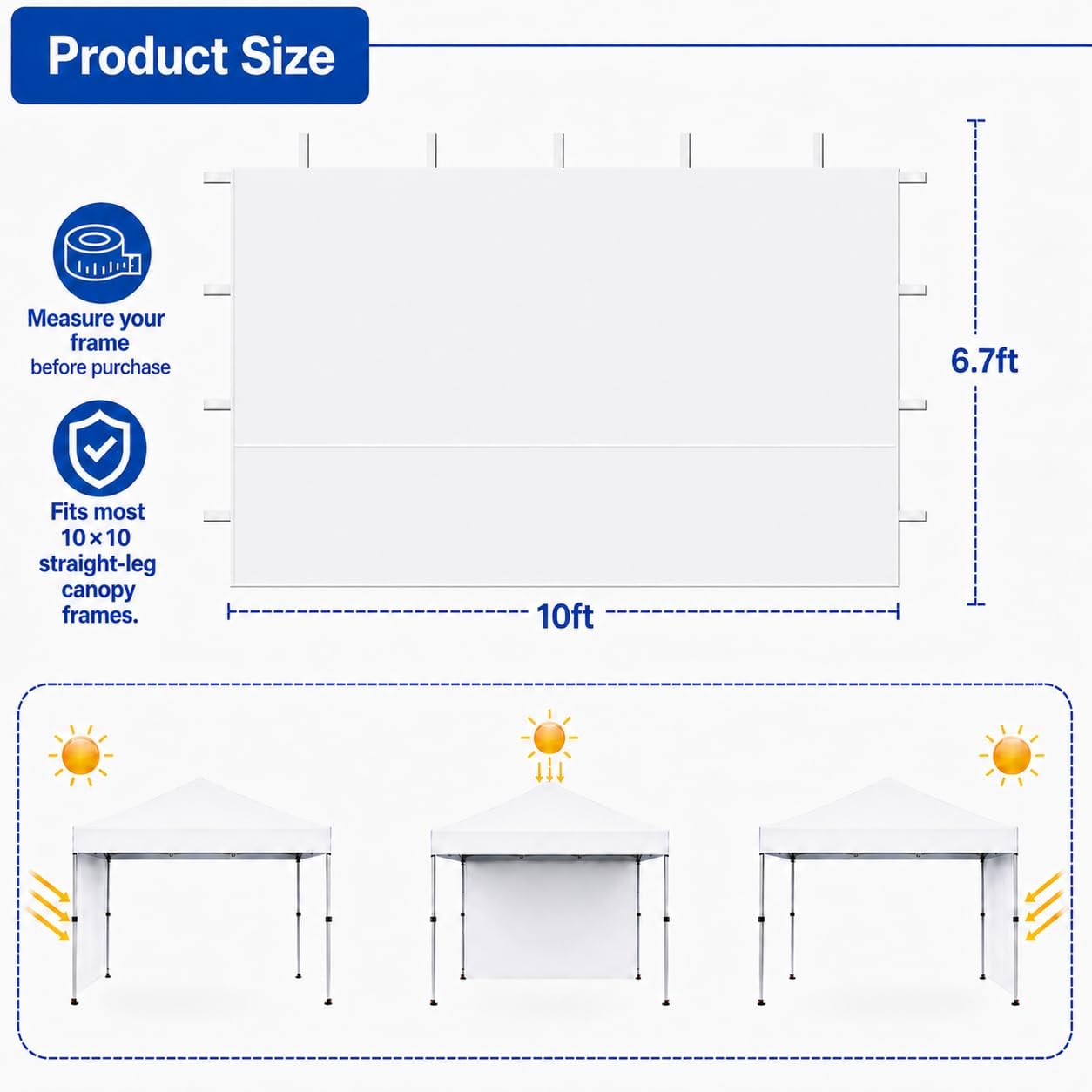 10 x 10 Canopy Sidewall, 1 Pack Pop Up Canopy Wall Panel, White | Sidewall Only, Fits 10x10 Straight Leg Frames, 300D Oxford Fabric, Zipper Connections, Hook & Loop Straps - Image 2