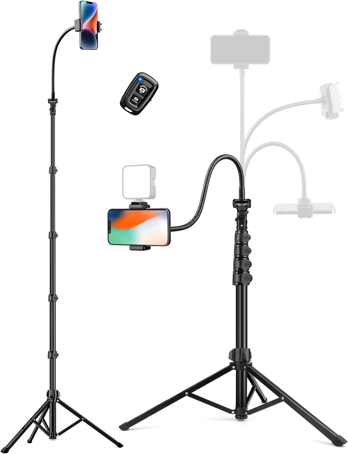 Phone Tripod, 86" Tall Tripod for iPhone with Flexible Gooseneck & Remote | Portable Aluminum Cellphone Stand for Selfies, Video Recording,Travel, Compatible with iPhone Android