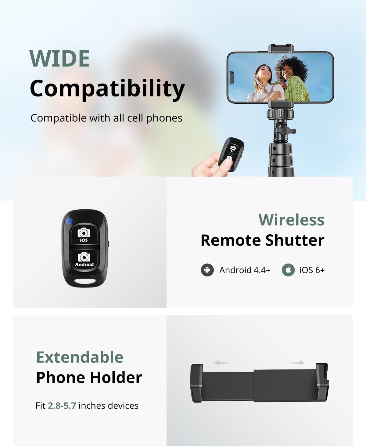 SENSYNE 62" Phone Tripod for iPhone, Extendable Selfie Stick Tripod Stand with Wireless Remote and Phone Holder, Cell Phone Tripod for Video Recording, Compatible with iPhone Android - Image 6