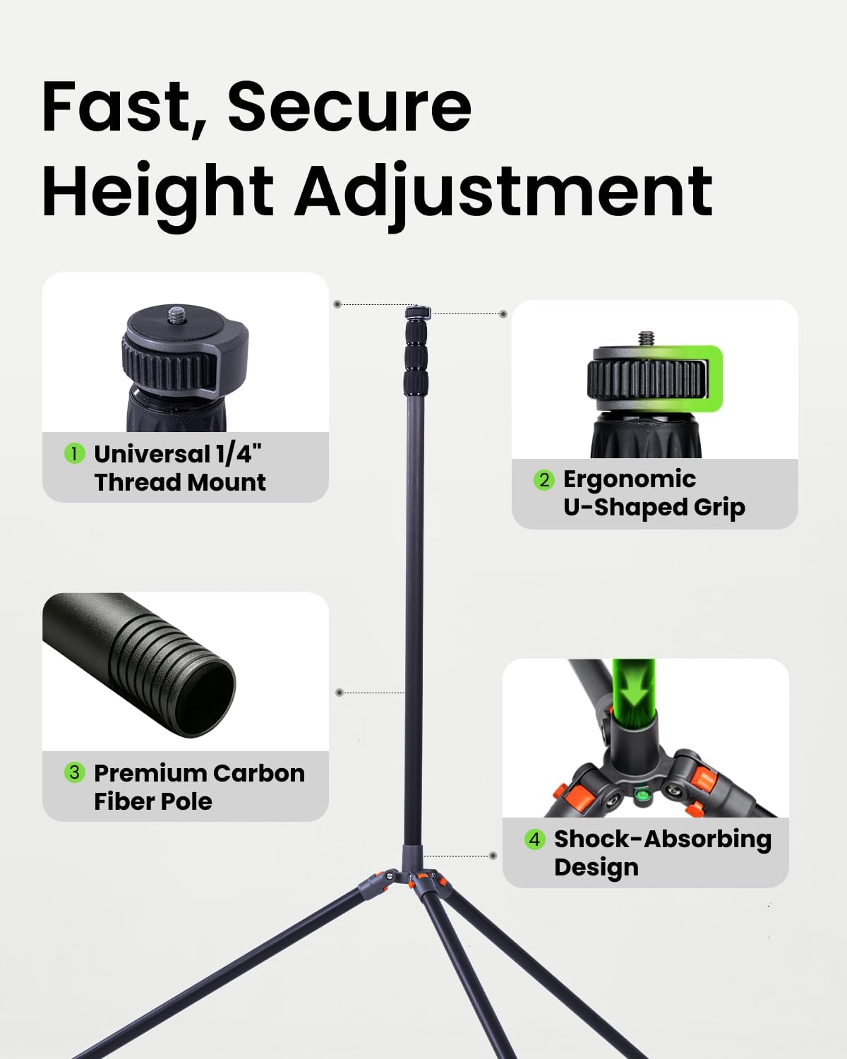 XbotGo NT4 PRO Carbon Fiber Tripod - Professional 12.8ft / 3.9m Extra Tall Sport Camera Stand with Air-Cushioned Center Column, Steady Horseshoe Foot Pads for Game Recording, Seamlessly Fits Falcon - Image 3
