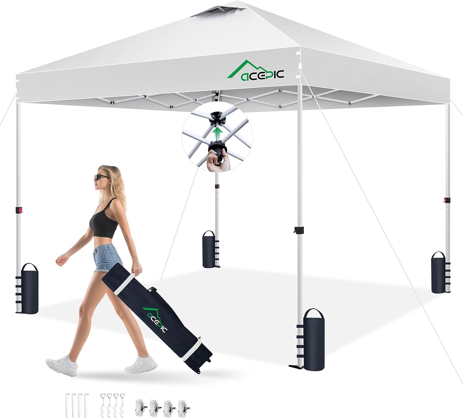 10x10 Pop Up Canopy Tent, Easy Setup Portable Shelter, White, 10*10 | 1-Push Center Lock 10x10 Pop Up Canopy Tent with 3-Layer Reinforced Fabric, Vented UV Top & Wheeled Bag for Outdoor Party