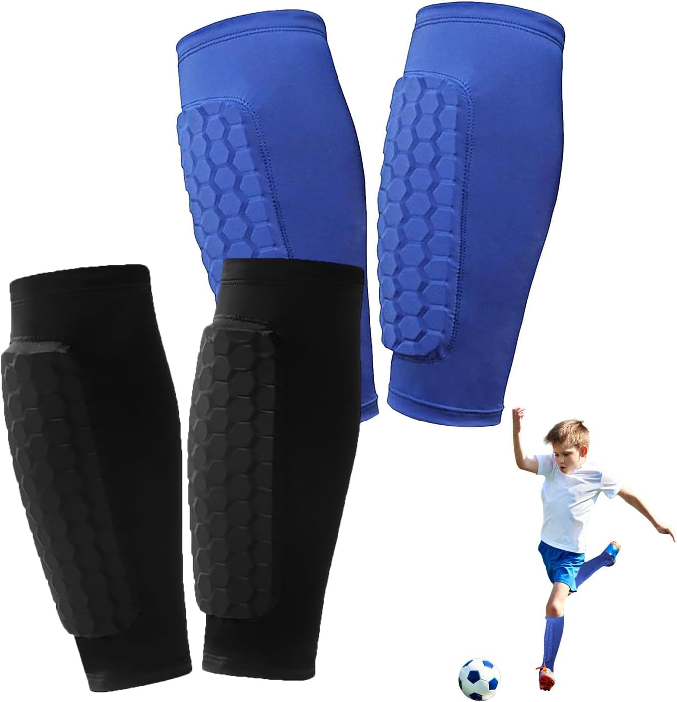 2 Pairs Soccer Shin Guards for Kids Youth Adult with Honeycomb Pads | Shin Guards Soccer Calf Compression Sleeve,Lightweight Shin Protector Support for Baseball MTB Football