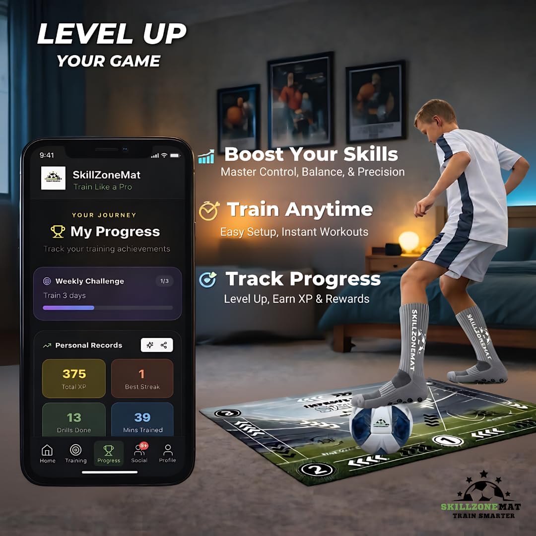 SkillZone Soccer Training Mat with Soccer Ball – Dribbling & Footwork Trainer | Indoor/Outdoor Soccer Training Kit with Interactive Video Hub, Grip Socks & Carry Bag | Control & Agility Practice - Image 6