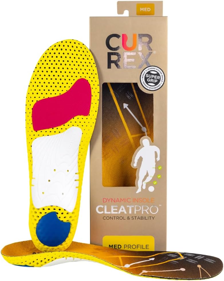 CURREX CLEATPRO - Thin, Arch Support Insoles, Comfort, Cushion & Stability in Cleats, Soccer, Football, Baseball, Softball, Super Grip for Control, Shock Absorbing Inserts, Men, Women (Medium Arch, L)
