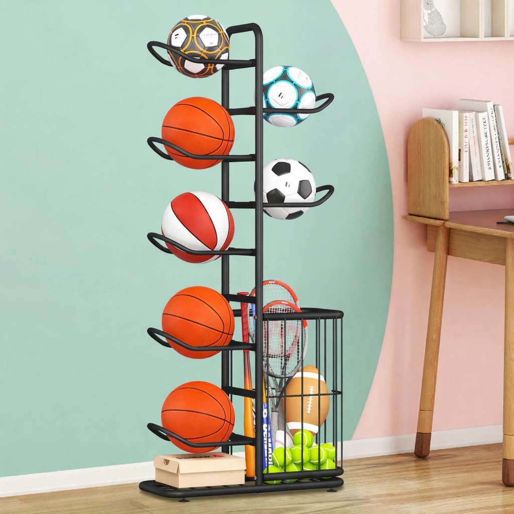 7-Ball Sports Equipment Storage Rack with Ball Holder, Ideal for Garage or Indoor Use - Organize Toys, Sports Gear and More, 57.5" (Black) - Image 5