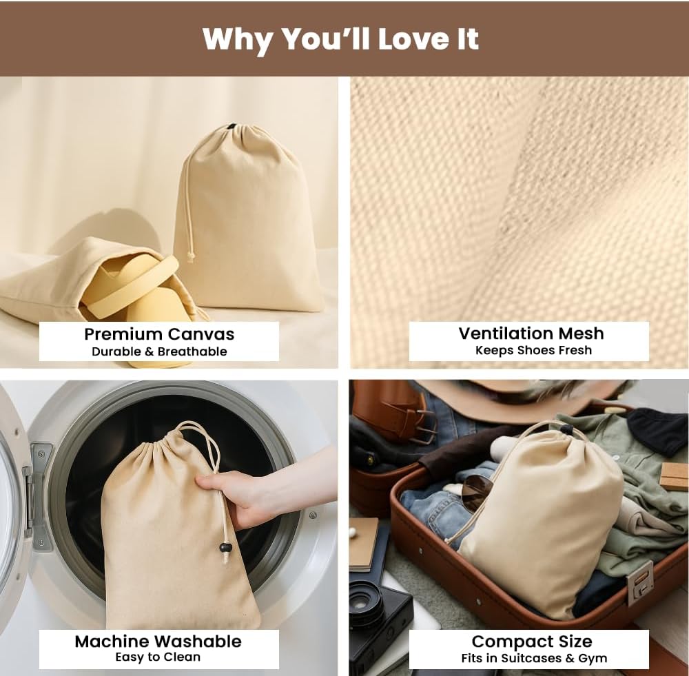 LFH Cotton Rich Shoe Storage Bags with Drawstring, Dustproof Breathable Reusable Organizer, Perfect For Travel, Dorm, Hotel, College, Gym, Easy to Carry, Machine Washable 12"x17" (Pack of 2) - Natural - Image 3