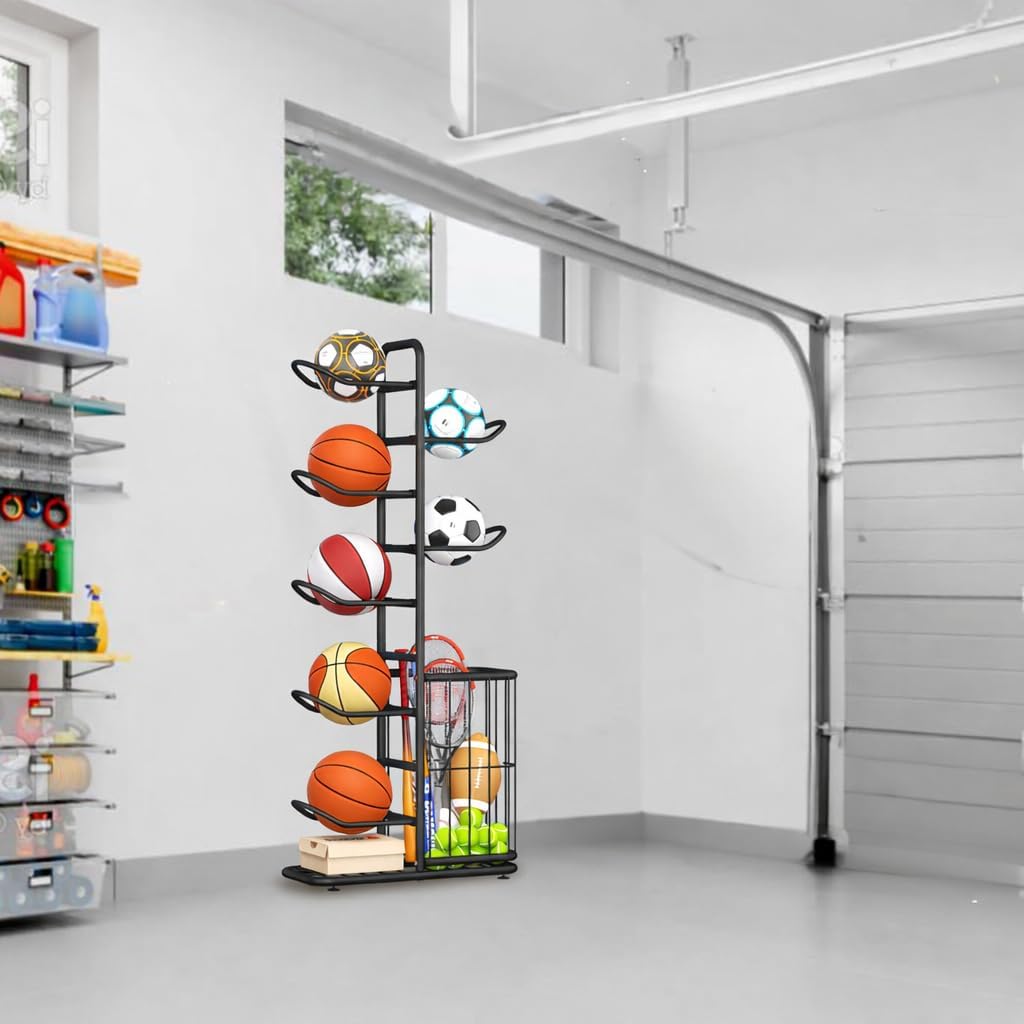 7-Ball Sports Equipment Storage Rack with Ball Holder, Ideal for Garage or Indoor Use - Organize Toys, Sports Gear and More, 57.5" (Black) - Image 6