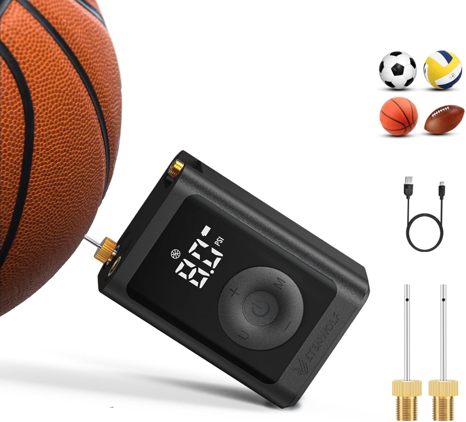 ETENWOLF Electric Ball Pump Inflation & Deflation with 2600mAh Battery | 3-17PSI Basketball Pump with Precise Pressure Gauge and Ball Needles, Rechargeable Air Pump for Football, Soccer, Volleyball