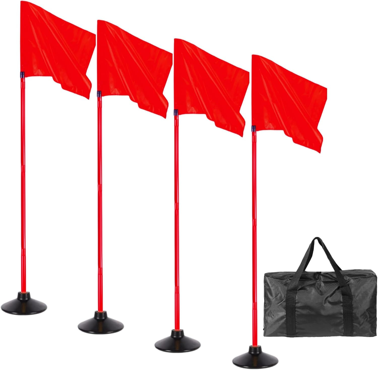 5FT Corner Flags for Soccer Field Set of 4 with Round Rubber Bases | Adjustable Speed and Agility Training Equipment / Poles, Storage Bag, Red