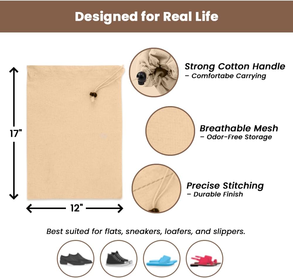 LFH Cotton Rich Shoe Storage Bags with Drawstring, Dustproof Breathable Reusable Organizer, Perfect For Travel, Dorm, Hotel, College, Gym, Easy to Carry, Machine Washable 12"x17" (Pack of 2) - Natural - Image 4