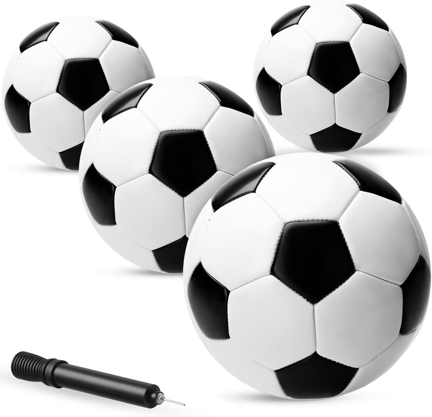 PlayBolt Black & White Soccer Balls - Sizes 2, 3, 4, 5 for Kids, Toddlers & Adults - Pack of 1 or 4 with Pump