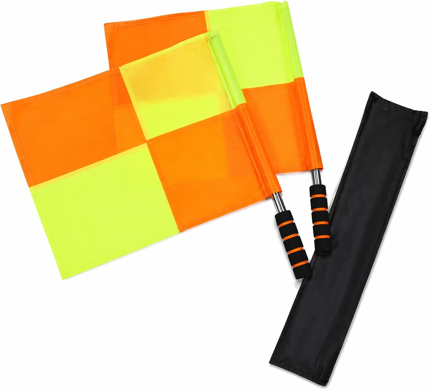 Soccer Referee Flags 2 Pack, 18 in Linesman Flags with Storage Bag | 2 soccer referee linesman flags with 18 in handles, orange yellow panels, ABS foam grips and storage bag