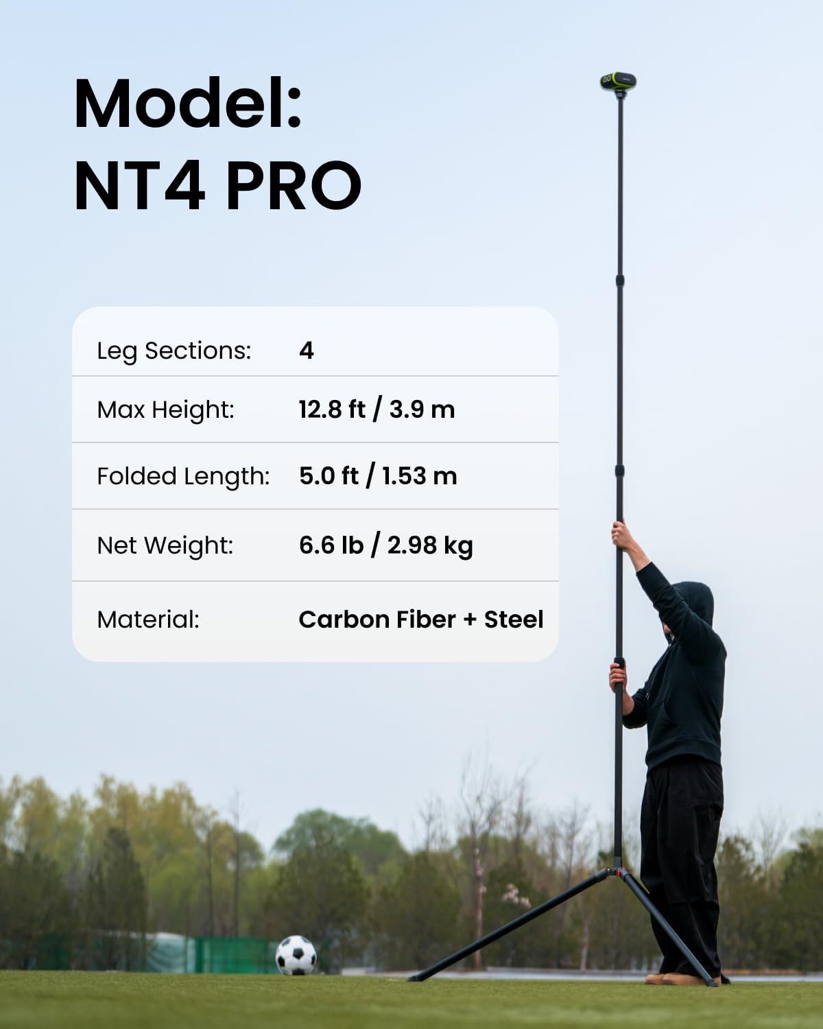 XbotGo NT4 PRO Carbon Fiber Tripod - Professional 12.8ft / 3.9m Extra Tall Sport Camera Stand with Air-Cushioned Center Column, Steady Horseshoe Foot Pads for Game Recording, Seamlessly Fits Falcon - Image 2