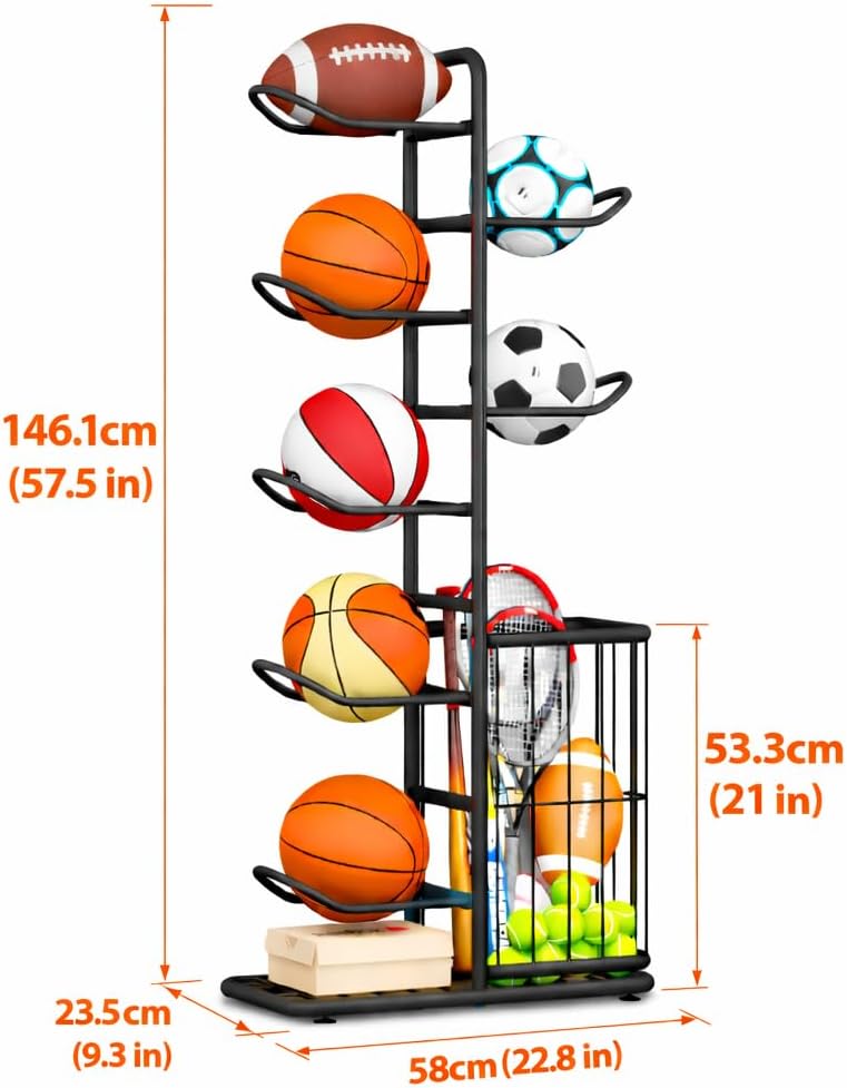7-Ball Sports Equipment Storage Rack with Ball Holder, Ideal for Garage or Indoor Use - Organize Toys, Sports Gear and More, 57.5" (Black) - Image 2