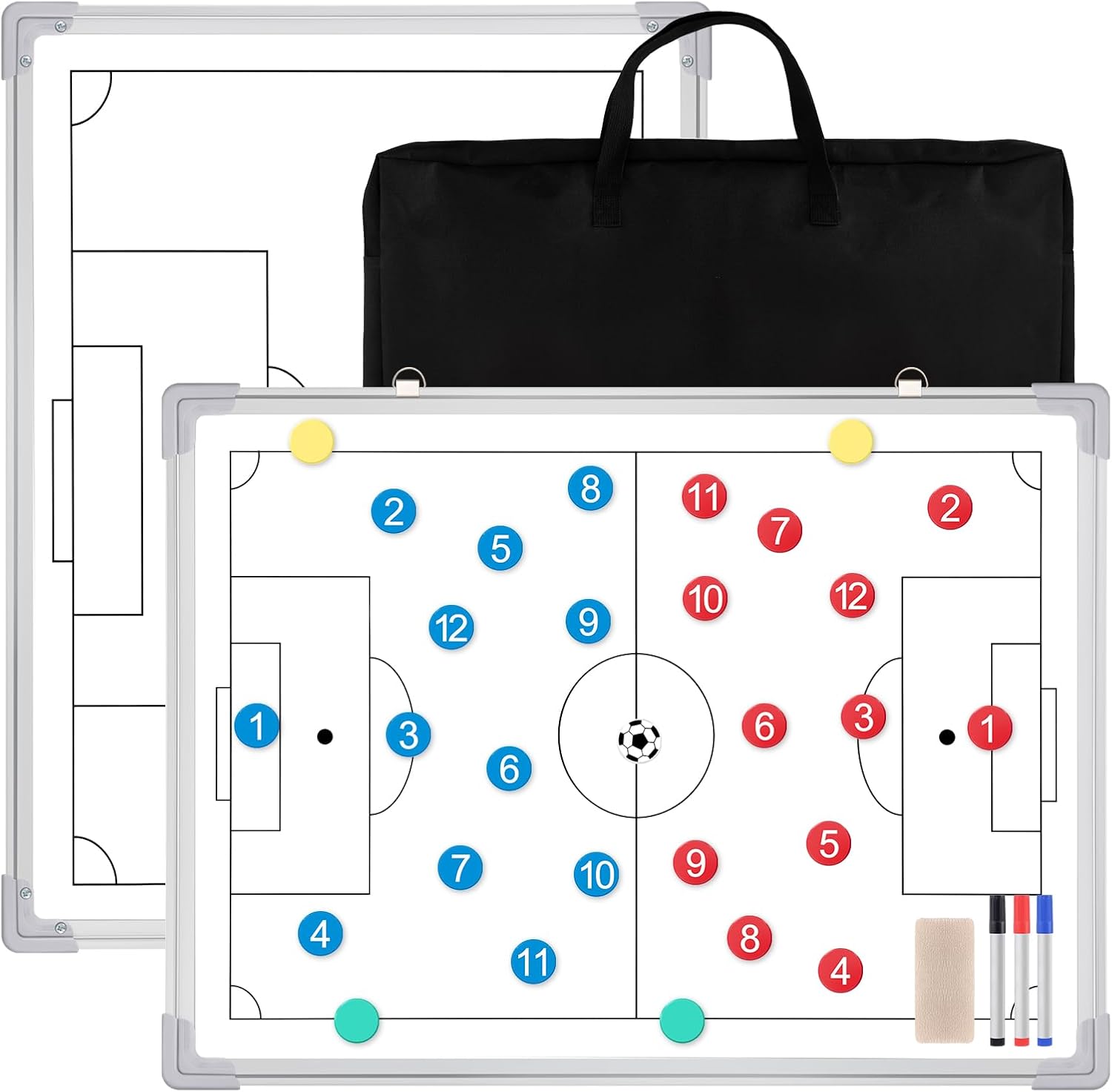 24" x 18" Soccer Magnetic Coaching Board Double-Sided Dry Erase Tactics Whiteboard, Portable Tactical Board Equipped with Magnet Numbers, Marker Pen, Eraser and Zipper Bag
