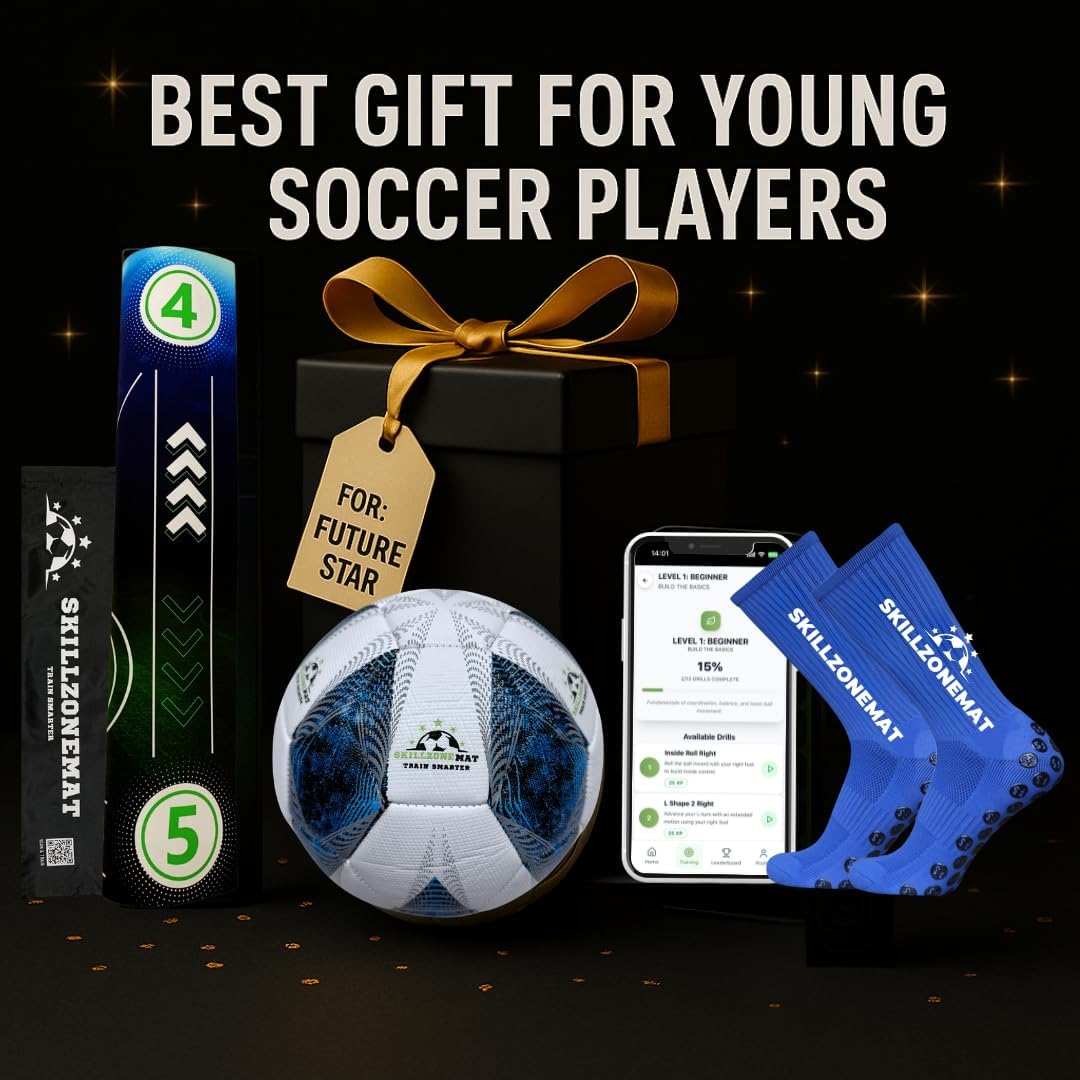 SkillZone Soccer Training Mat with Soccer Ball – Dribbling & Footwork Trainer | Indoor/Outdoor Soccer Training Kit with Interactive Video Hub, Grip Socks & Carry Bag | Control & Agility Practice - Image 5