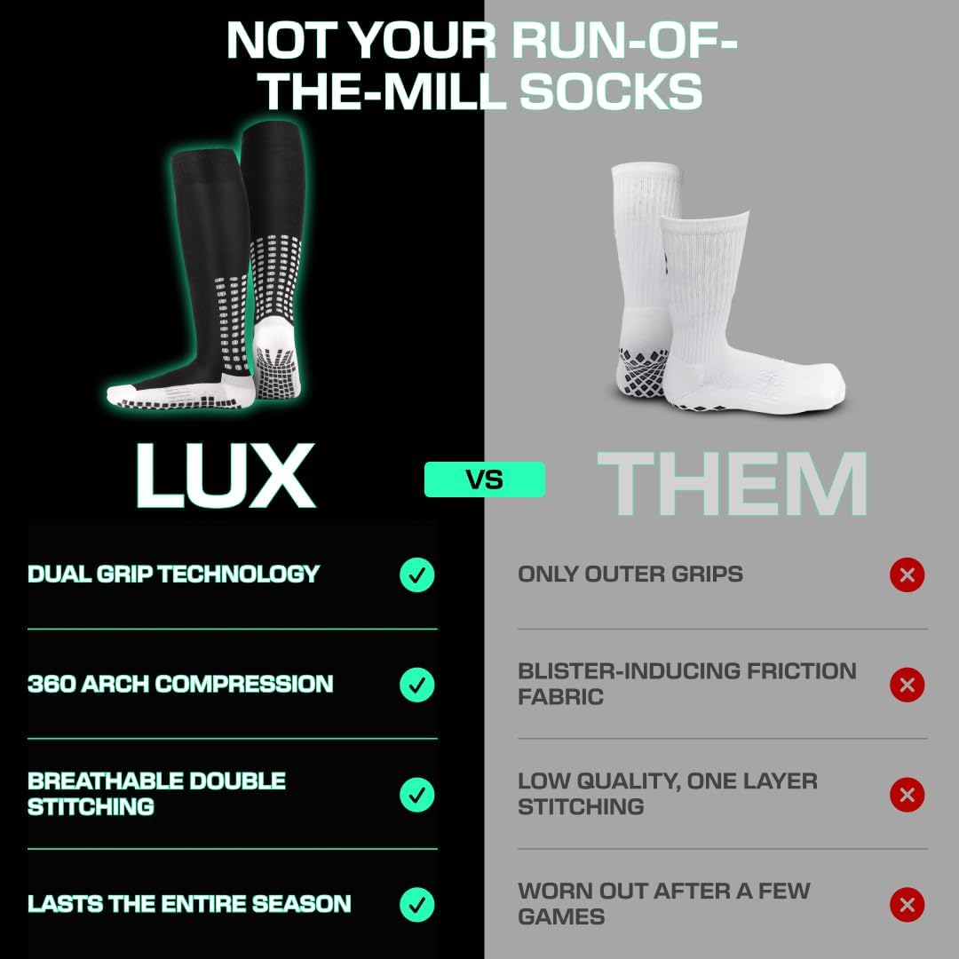 LUX Sports Knee-High Soccer Grip Socks | Full-length coverage with non-slip pads, cushioned comfort and a secure cleat fit - Image 4