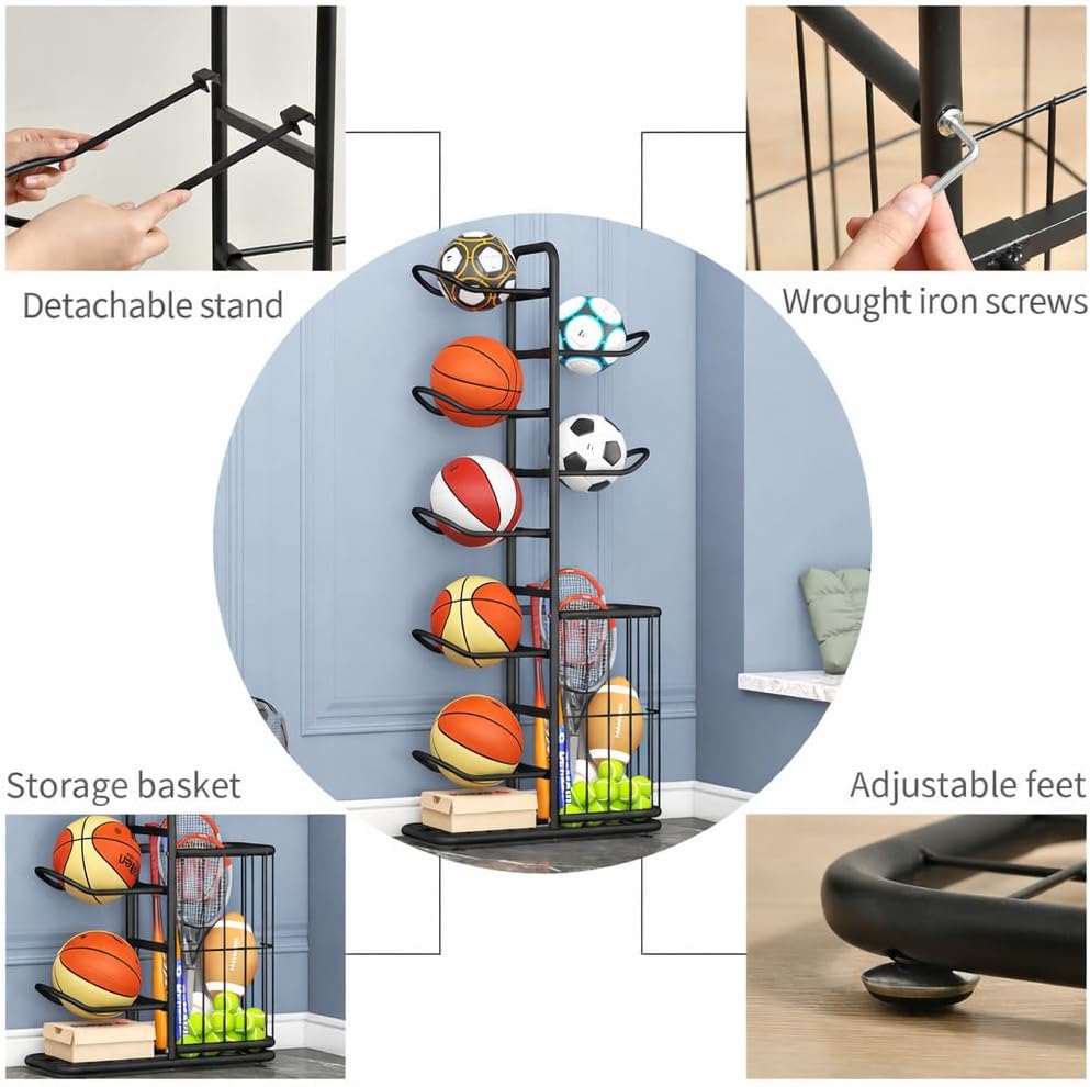 7-Ball Sports Equipment Storage Rack with Ball Holder, Ideal for Garage or Indoor Use - Organize Toys, Sports Gear and More, 57.5" (Black) - Image 3