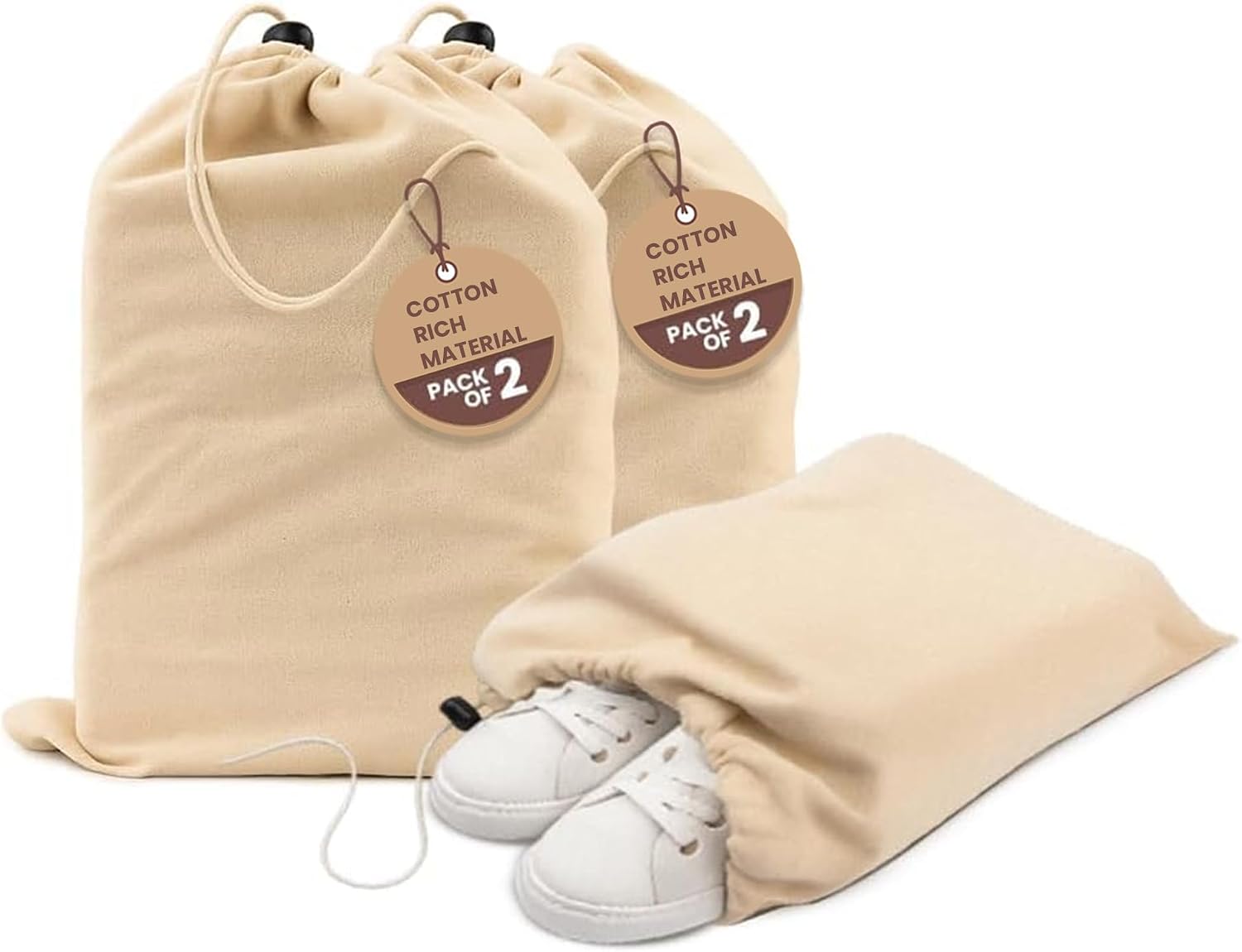 LFH Cotton Rich Shoe Storage Bags with Drawstring, Dustproof Breathable Reusable Organizer, Perfect For Travel, Dorm, Hotel, College, Gym, Easy to Carry, Machine Washable 12"x17" (Pack of 2) - Natural