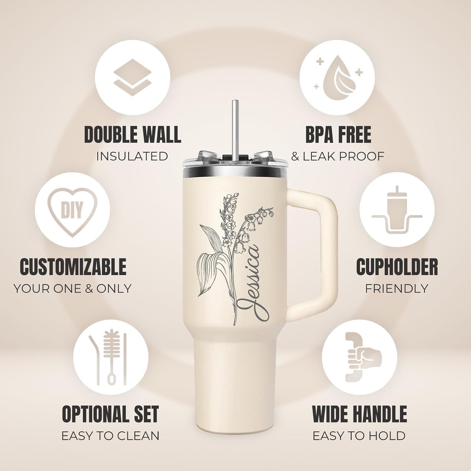 Personalized 40oz Tumbler-Custom Water Bottle with Engraved Flower&Name | Custom Stainless Steel Tumbler with Handle and Straw Lid, Personalized Mothers Valentine Birthday Gifts for Mom Women Sister - Image 8
