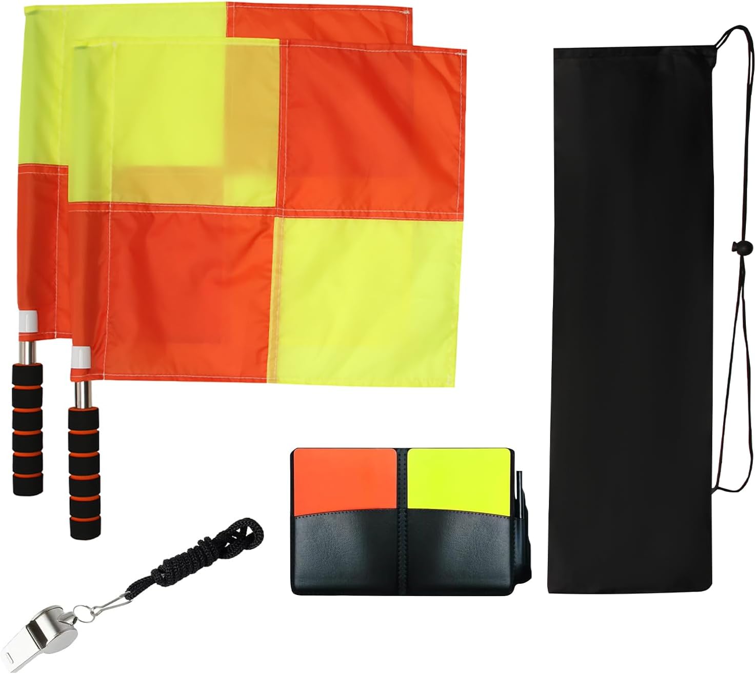 redgino Soccer Referee Kit 2 Pcs Checkered Linesman Soccere Flags, Red Yellow Ref Cards with Notebook and Pencil,Coach Stainless Steel Whistles with Storage Bag