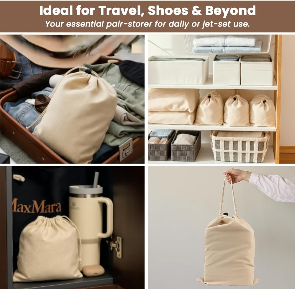 LFH Cotton Rich Shoe Storage Bags with Drawstring, Dustproof Breathable Reusable Organizer, Perfect For Travel, Dorm, Hotel, College, Gym, Easy to Carry, Machine Washable 12"x17" (Pack of 2) - Natural - Image 6