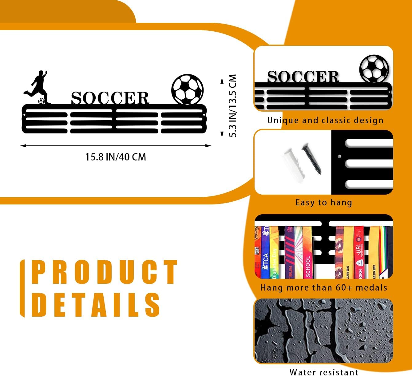 Resama Medal Hanger Holder Display Wall Rack Frame Shelf-Medal Hanger Awards Ribbon Soccer,Gymnastics,Holder Display Rack for 60 Medals - Image 6