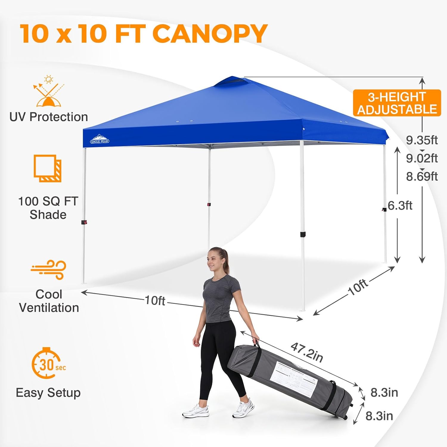 EAGLE PEAK 10x10 Pop Up Canopy Tent Easy Up Canopy Outdoor, Blue | Patented PeakPush™ Center Lock, 1 Person Setup Portable Pop Up Tent, Beach, Markets, Camping Sport Events, Wheeled Carry Bag - Image 3