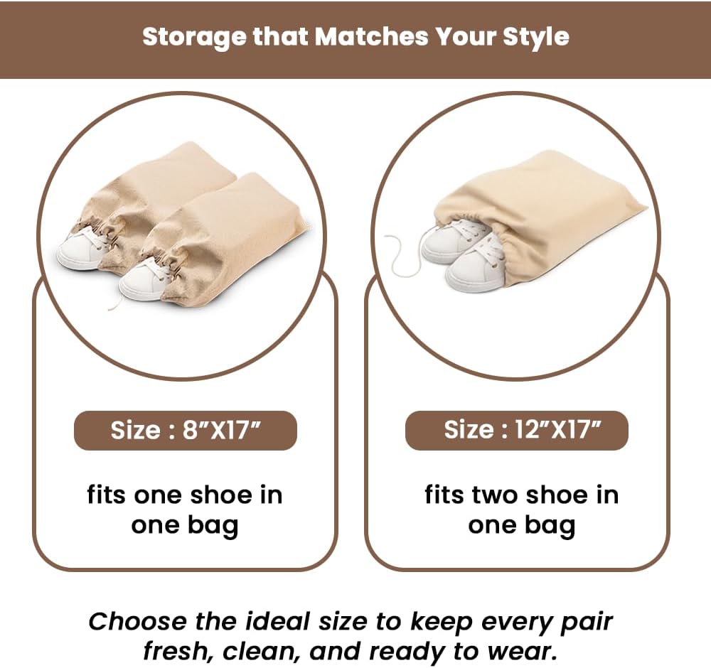 LFH Cotton Rich Shoe Storage Bags with Drawstring, Dustproof Breathable Reusable Organizer, Perfect For Travel, Dorm, Hotel, College, Gym, Easy to Carry, Machine Washable 12"x17" (Pack of 2) - Natural - Image 5