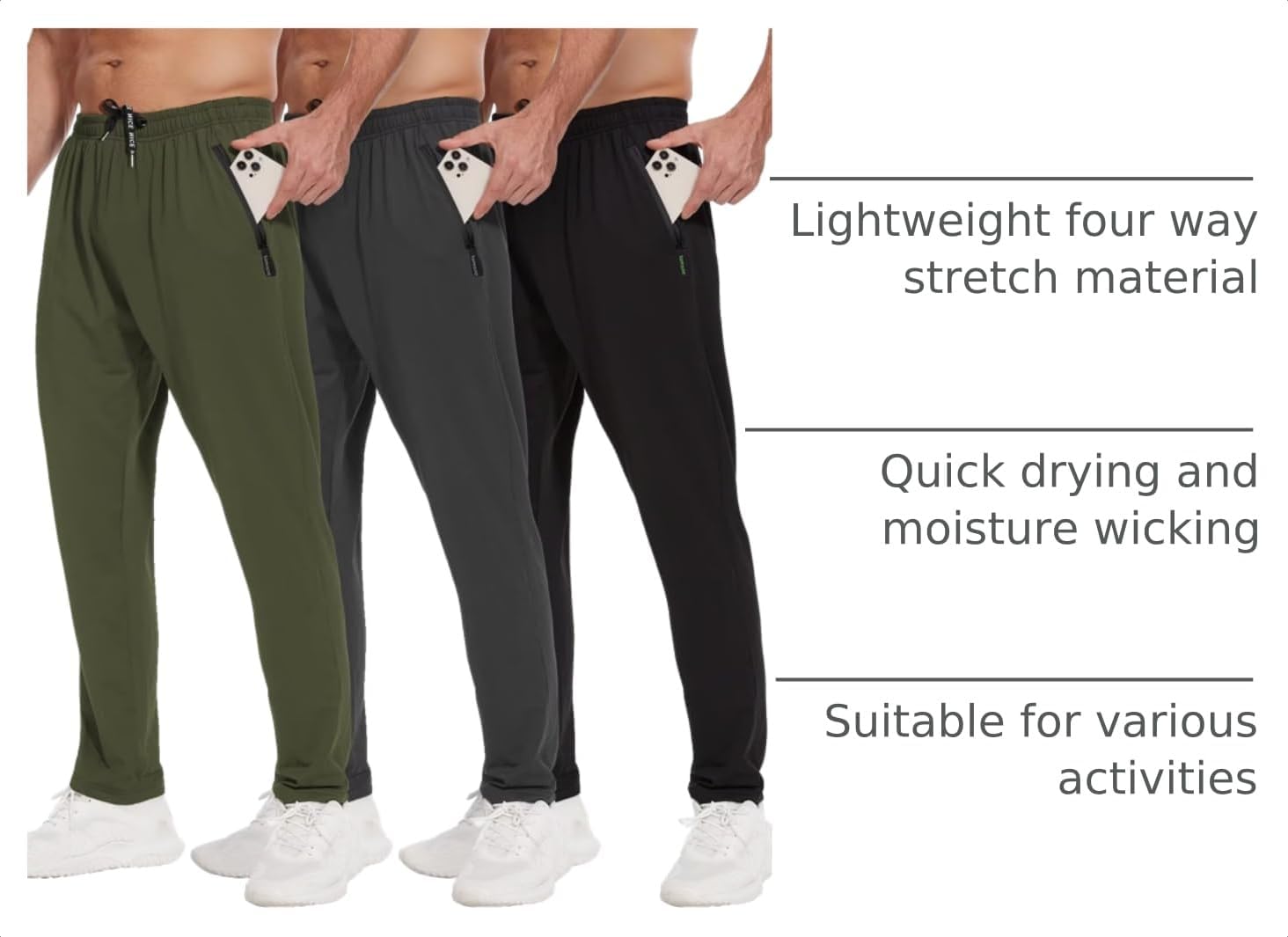 lomsoe 3 Pack Men's Athletic Pants with Zip Pockets, Lightweight Workout Sweat Pants Gifts for Men - Image 4