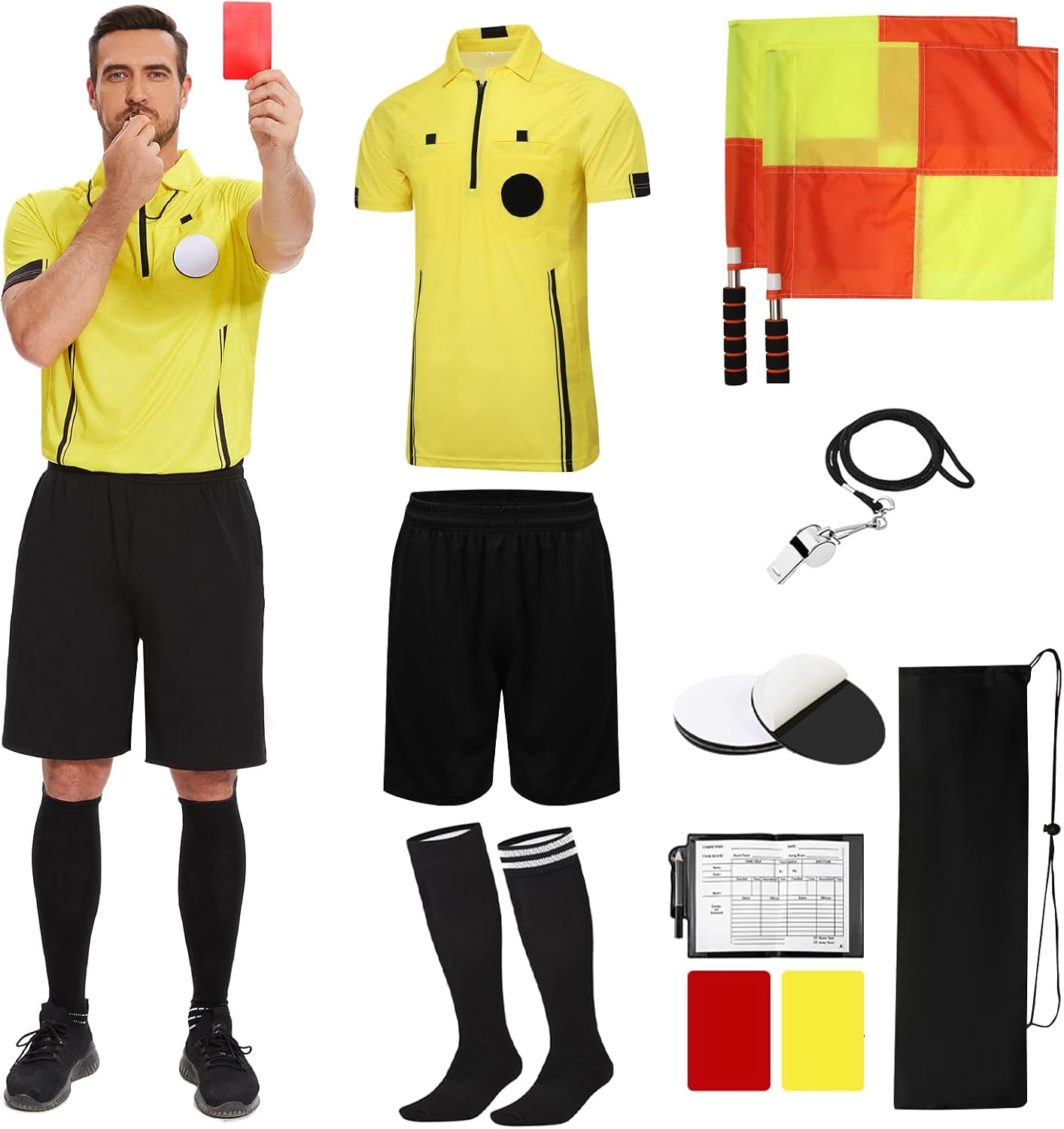 redgino Soccer Referee Kit Pro Soccer Referee Shirt Jersey,Ref Costume Shorts,Coach Whistle,Referee Socks, Linesman Flags and Cards Umpire Uniform Sport Accessory for Adult Teenager