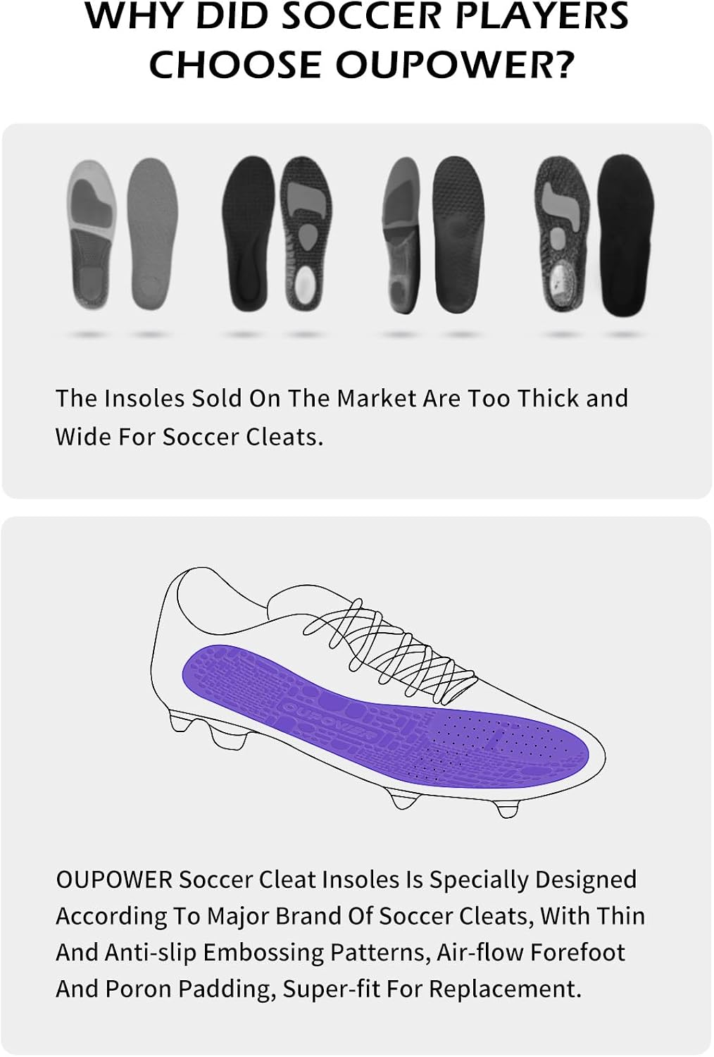 Insoles for Soccer Cleats Shock Absorption Arch Supports Anti-Slip Breathable for Men Women Boy Girl Kids-Purple (US8.5-9) - Image 2