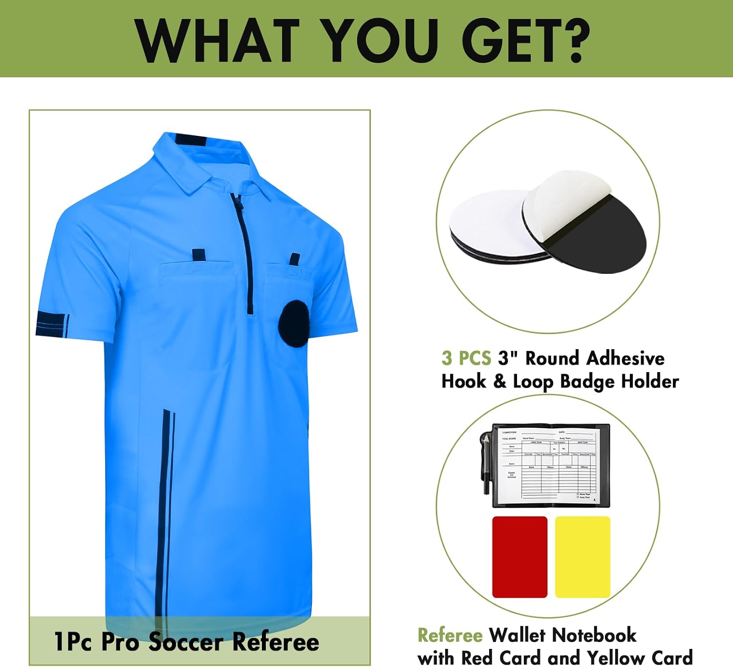 Pro Soccer Referee Shirt Jersey Short Sleeve Ref Costume Uniform with Badge Holder, Referee Wallet, Red & Yellow Cards - Image 2