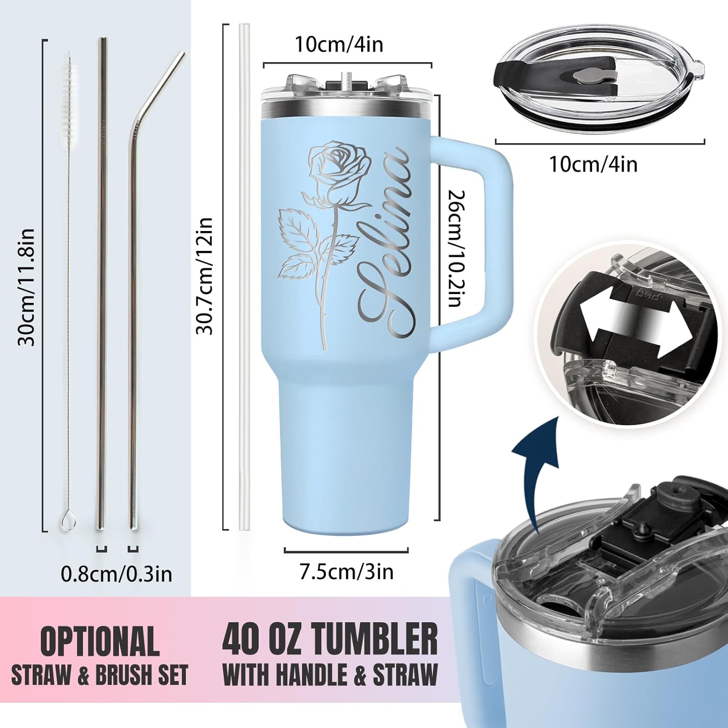 Personalized 40oz Tumbler-Custom Water Bottle with Engraved Flower&Name | Custom Stainless Steel Tumbler with Handle and Straw Lid, Personalized Mothers Valentine Birthday Gifts for Mom Women Sister - Image 4