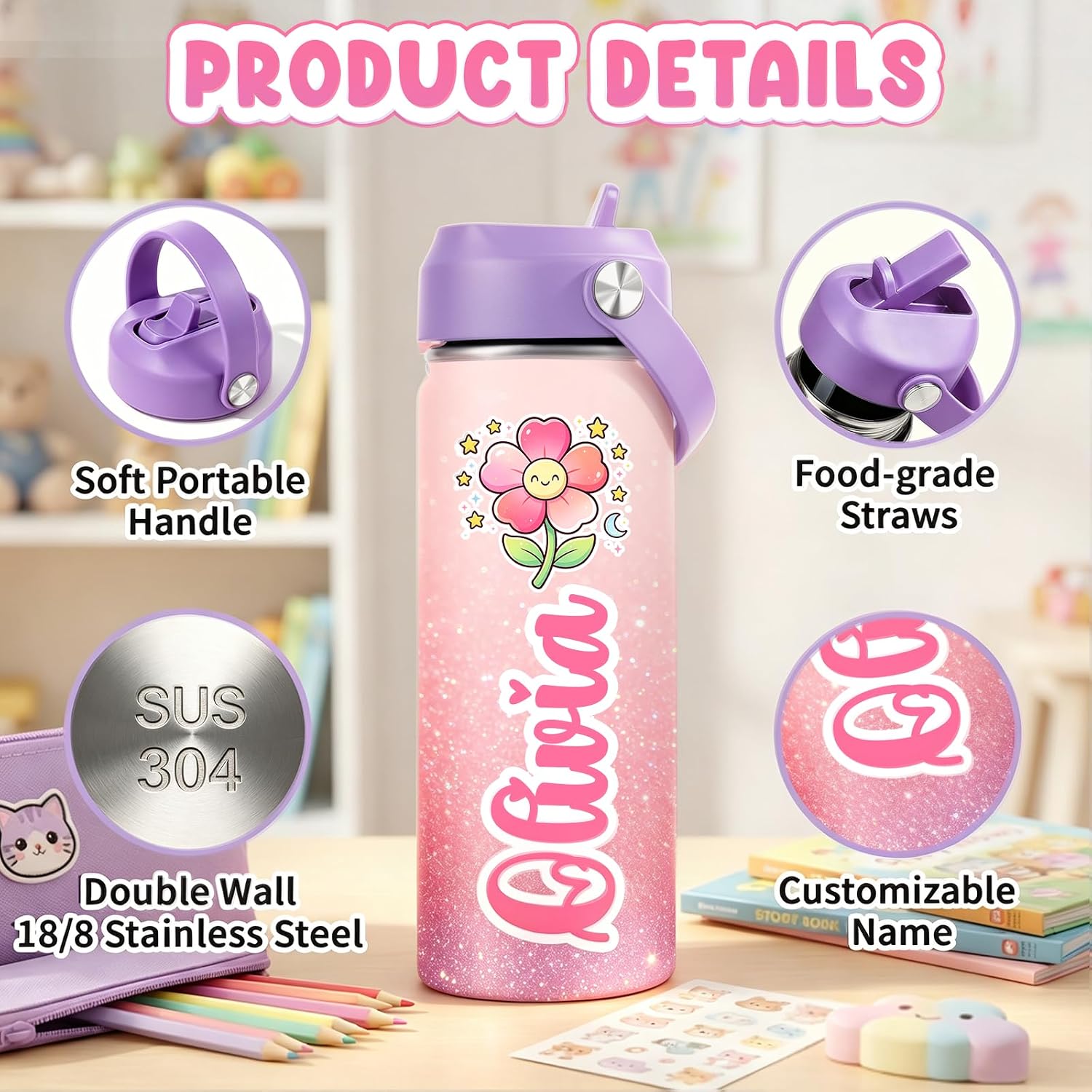 Personalized Kids Water Bottle with Name - UV Printed 18oz Stainless Steel | Straw Lid - BPA Free, Leak-Proof - Back to School, Preschool & Sports, Birthday & Holiday Gifts for Boys Girls - Image 6