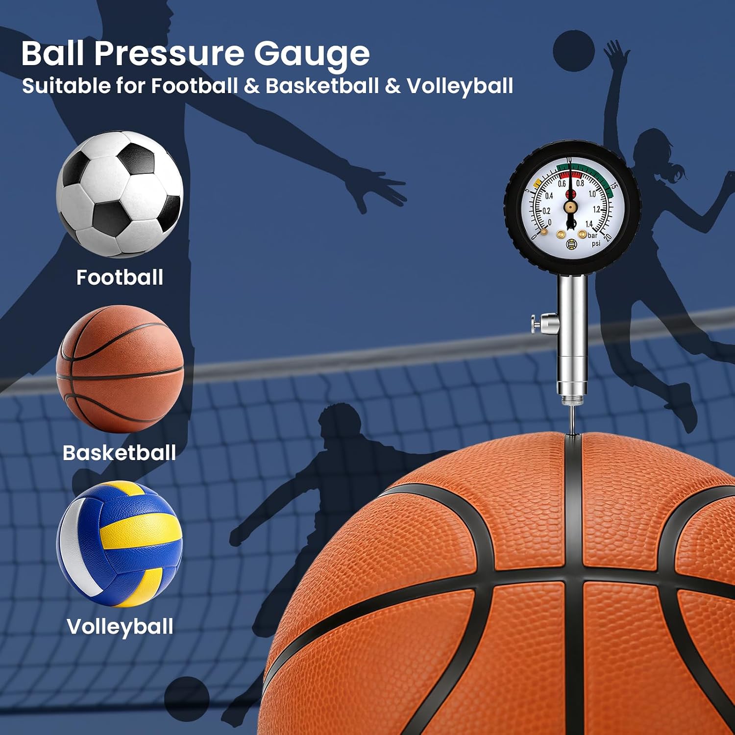 MEASUREMAN Multi-Sport Ball Pressure Gauge with Deflation Button 0-20PSI/0-1.4 Bar & Color-Coded, 3.6x1.8in Lightweight for Soccer, Football, Basketball, Volleyball Pressure Measurement - Image 2
