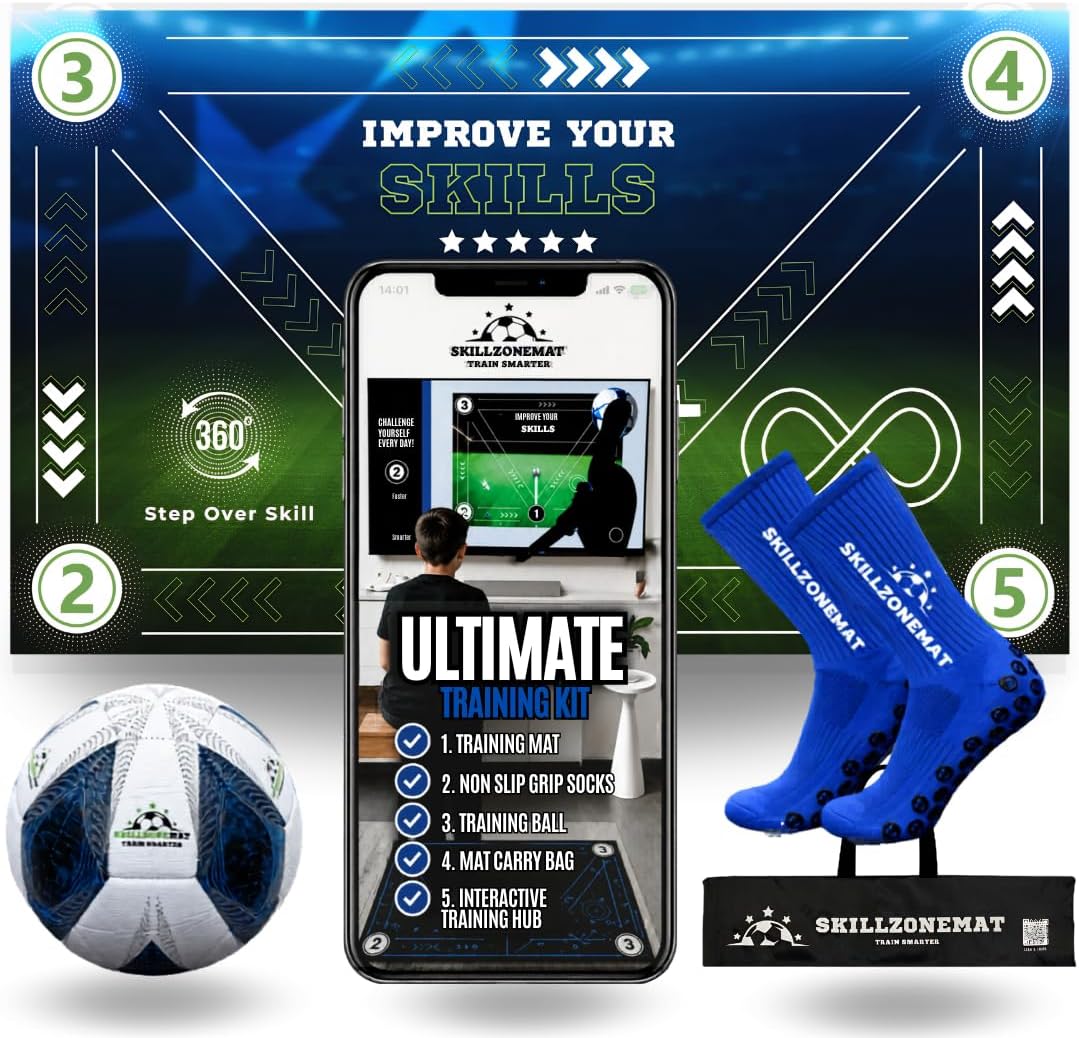 SkillZone Soccer Training Mat with Soccer Ball – Dribbling & Footwork Trainer | Indoor/Outdoor Soccer Training Kit with Interactive Video Hub, Grip Socks & Carry Bag | Control & Agility Practice