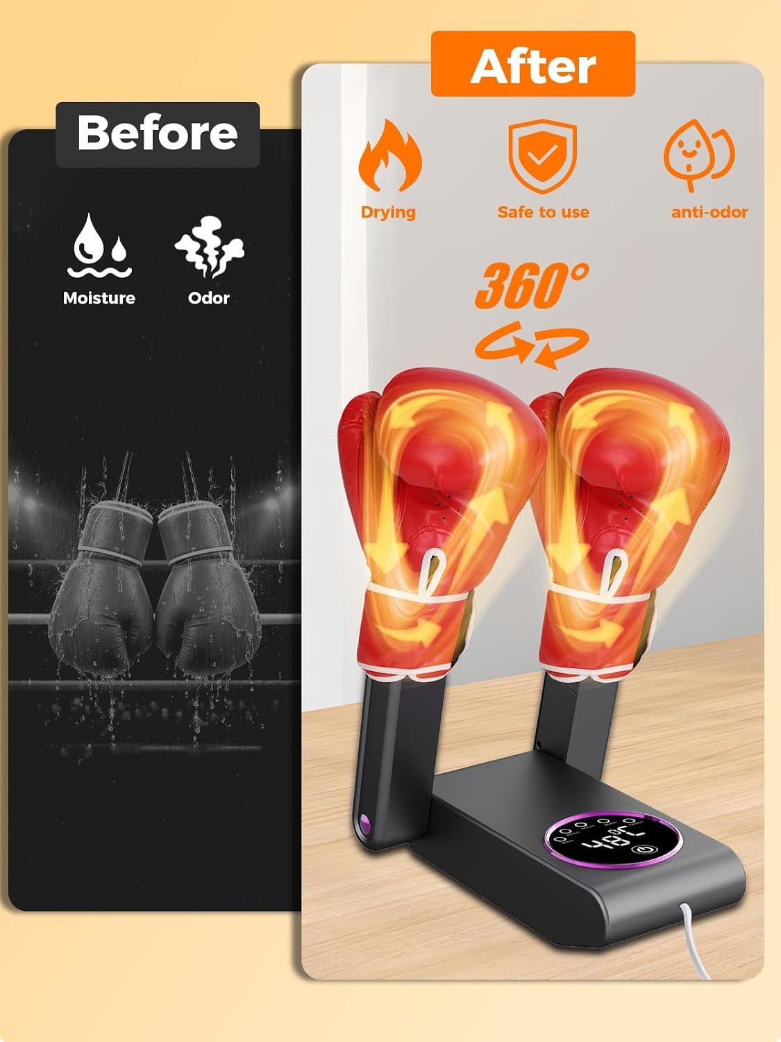 Boxing Glove Dryer with Smart Display& Storage Bag, Portable Glove Dryer& Moisture Remover, Constant Temperature Punching Gloves Dryer with Adjustable Heat& Timer for Home Gym(Black) - Image 4