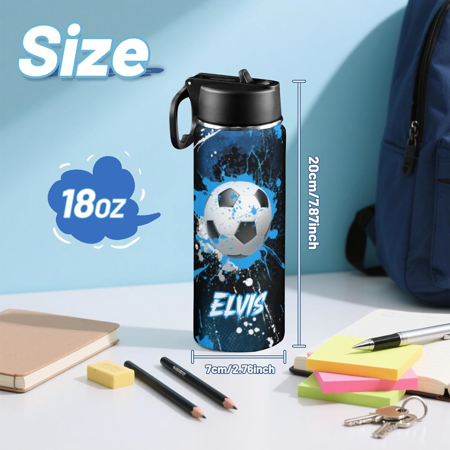 Personalized Soccer Water Bottles for Boys, 18oz Kids Thermos | Custom Name, Stainless Steel Straw Lid, Vacuum Insulated, Leakproof Loop, Perfect School Birthday Boys Gift - Image 6