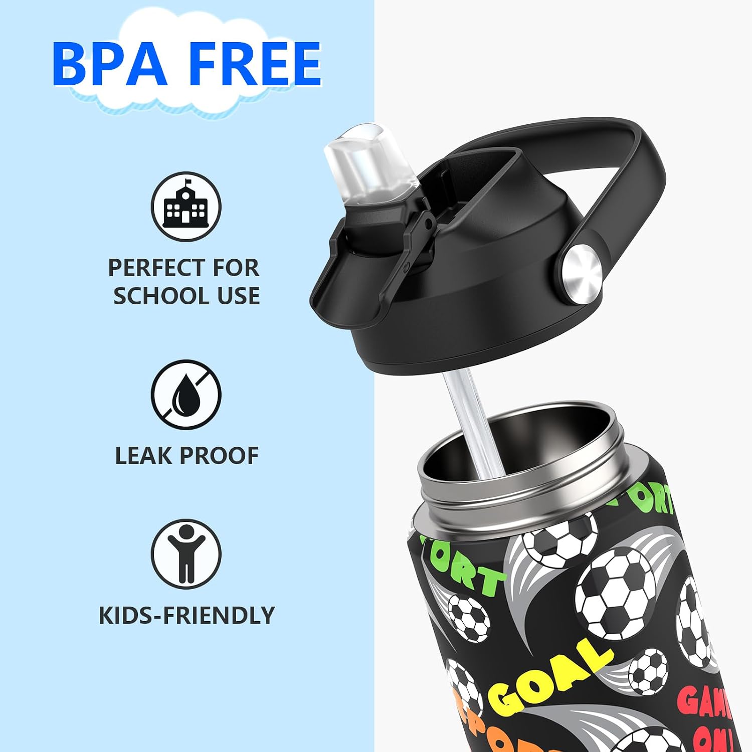 Boys Soccer Water Bottle with Straw,18 oz Kids Insulated Cups with Stainless Steel Leak Proof for School,Sport&Travel(Soccer) - Image 3