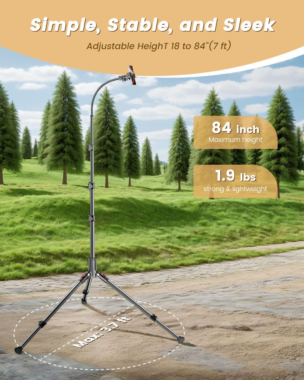 CAMBOFOTO 84" Phone Tripod, Tall Tripod for iPhone with Gooseneck & Remote | iPhone Tripod for Travel/Recording/Cooking/Fitness/Vlog/Overhead Shot, with Extendable Base & Adjustable Head - Image 2
